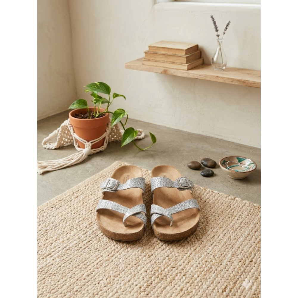 Haflinger Silver Snake Embossed Leather Slides Sandals Size 41
